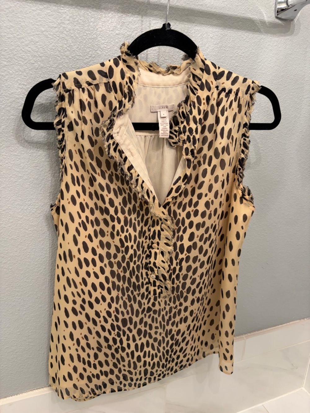 J Crew Sleeveless Animal Print Ruffle V-Neck Top - Beige/Black